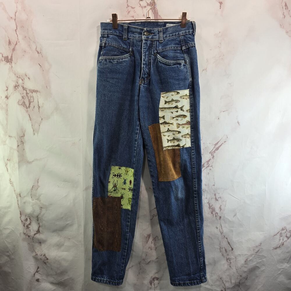 Vintage Patchwork Jeans Women 26 X 29 80s 90s High Rise Tapered Mom Bug Fish